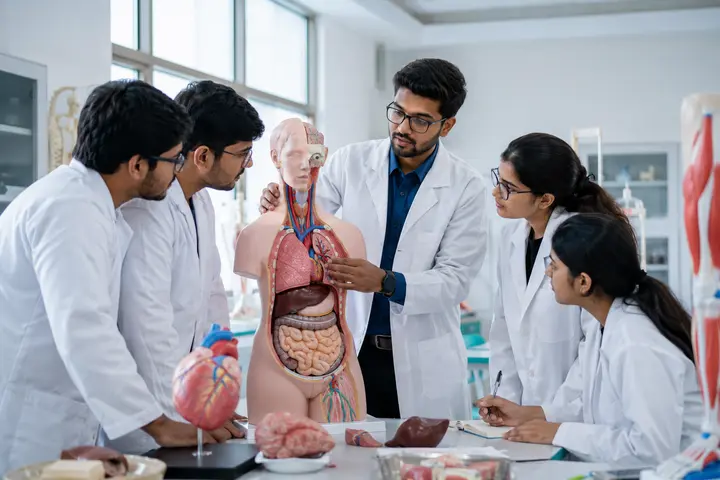 Medical students learning clinical medicine with anatomical training models