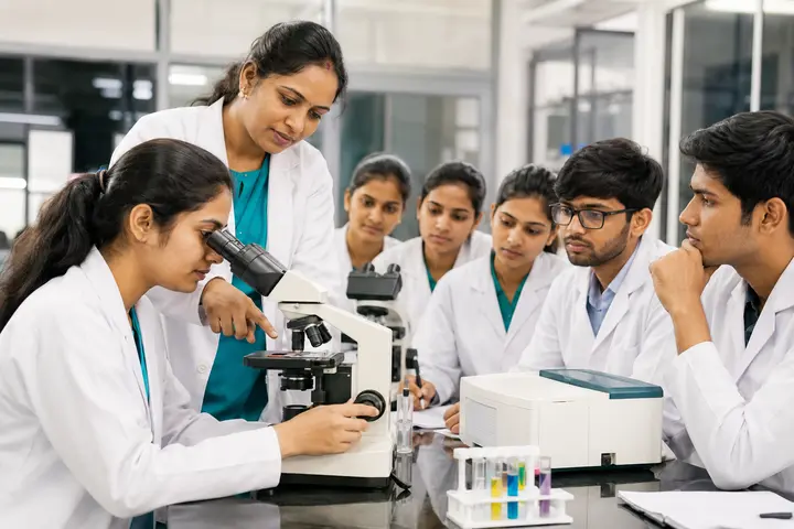 Medical laboratory students learning microscopy and diagnostic laboratory practice