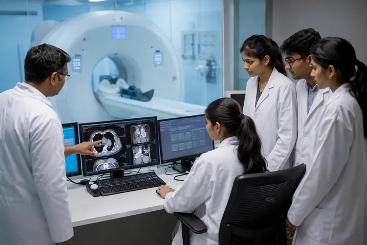 Medical imaging students learning scanner operation and diagnostic-image review