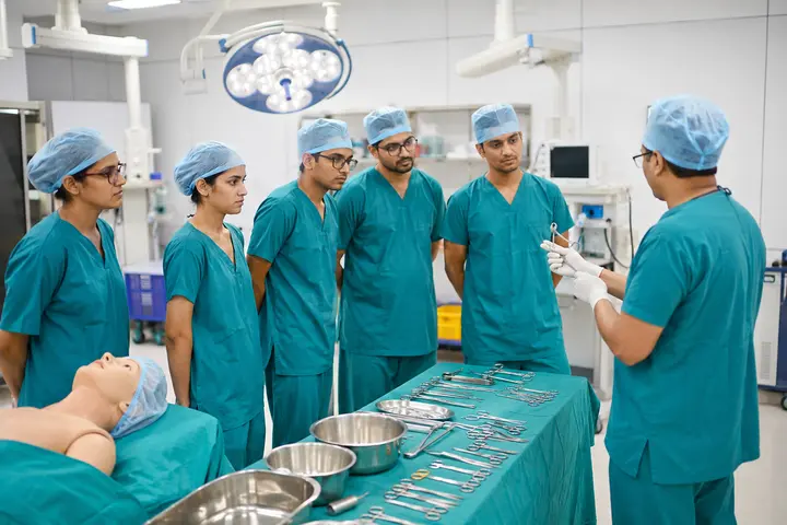 Medical trainees learning surgical and operation-theatre practice in a simulation laboratory